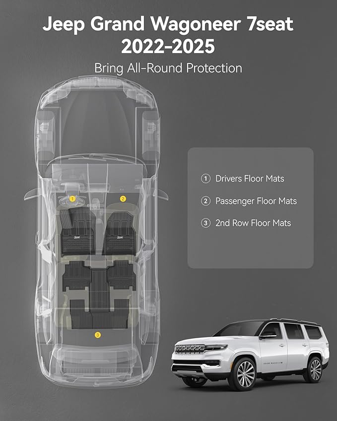 3W Floor Mats Fit for Jeep Grand Wagoneer/Grand Wagoneer L 2022 2023 2024 2025 7 seat(Not Fit for 8 seat), All-Weather TPE Custom Fit Wagonner Floor Liner for 1-3 Rows Full Set Car Mats