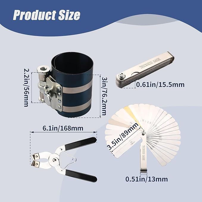 3 Inch Piston Ring Compressor Tool Car Engine Piston Ring Installer Removal Kit for Car Engine with Piston Installer Plier and Stainless Steel Feeler Gauge