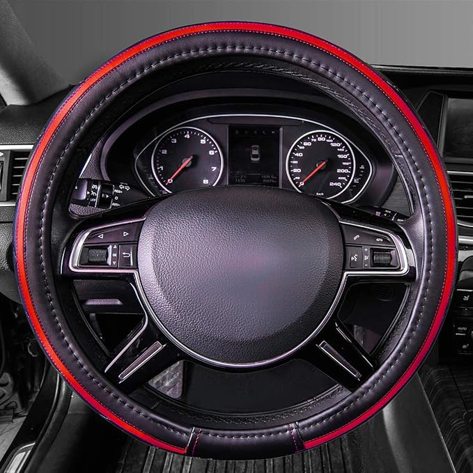 CAR PASS Sporty Quilting Leather Universal Fit Steering Wheel Cover,Fit for Suvs,Vans,Sedans,Trucks for 14.7" to 15" (Black & Red)