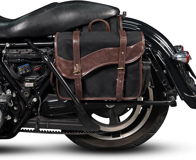 NICECNC Motorcycle Saddle Bags, Vintage Oil Waxed Canvas Saddlebags Motorcycle Panniers Side Throw Over Saddle Bags Compatible with Harley Honda Suzuki Yamaha Adventure Street Glide Brown