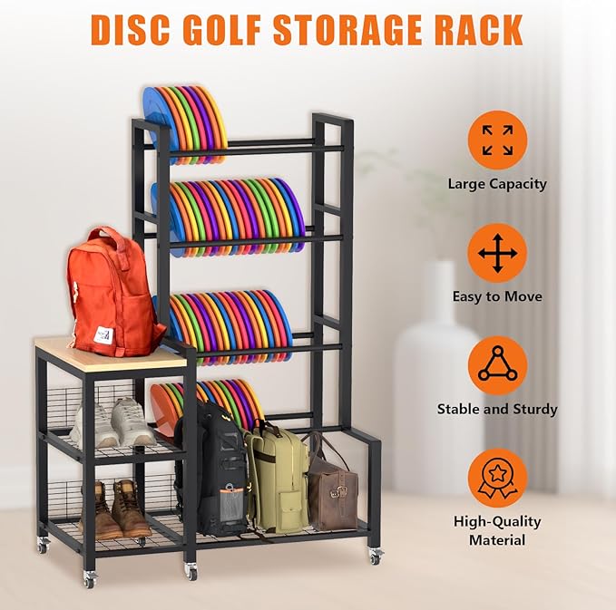 Disc Golf Storage Rack with Wheels – Heavy Duty Metal Disc Golf Rack for Discs, Backpacks & Accessories – Ideal for Garage, Home, or Store Display