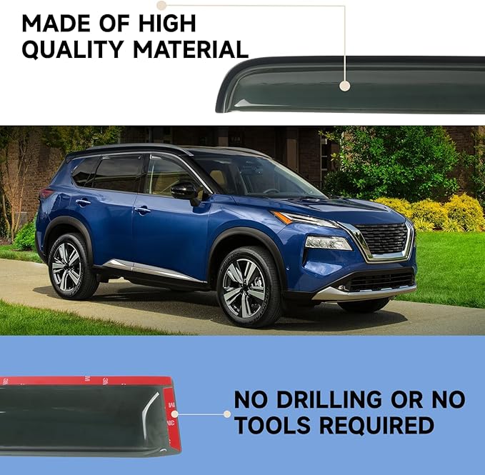Window Rain Guards Fit for 2021-2025 Nissan Rogue S, SV, SL, Platinum, 4-Piece Acrylic Set with 3M Tape 2.5mm Thick Highway Wind Noise Reduction Exterior Car Accessories 2022 2023 2024