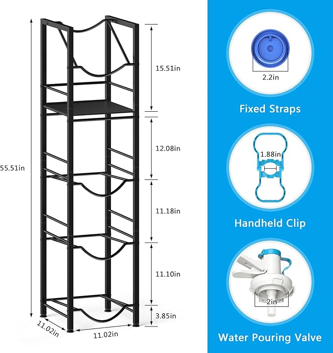 2-In-1 5 Gallon Water Jug Holder, 5 Tier Water Jug Stand Holder with 1 Dispenser Valves, 5 Gal Water Bottle Storage Rack Organizer for Kitchen, Office, Garage