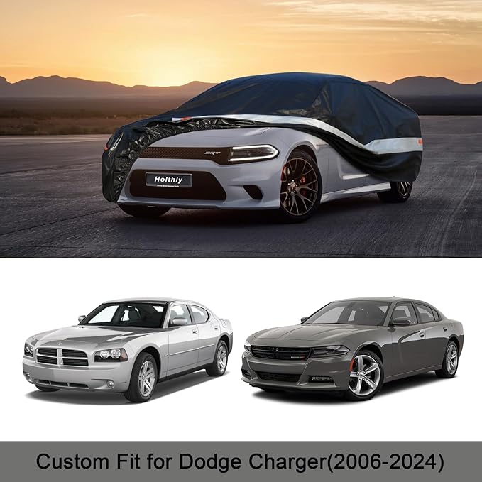 Holhtly Car Cover Custom Fit for Dodge Charger， Car Covers for Automobiles All Weather Waterproof Sun Snow Rain Wind Dust Protection, Outdoor Car Cover Black & Grey