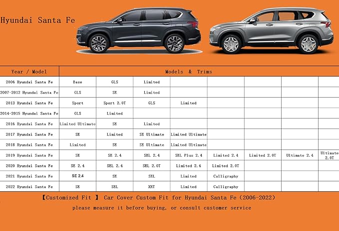 Kayme 7 Layers SUV Car Cover Custom Fit for Hyundai Santa Fe (2006-2025) Waterproof All Weather for Automobiles, Outdoor Full Cover Rain Sun UV Protection.Black