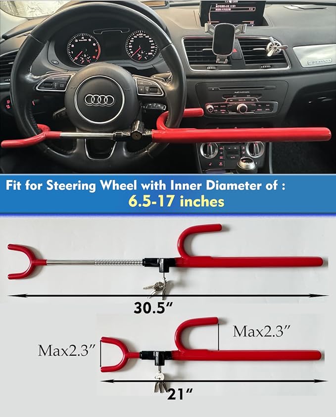 Steering Wheel Lock Anti-Theft Car Device Car Wheel Locks Heavy Duty Vehicle Security Steering Wheel Lock for Truck Car Vehicles Van Lorry SUV with 4 Keys, Elongated Length MAX 30.5“ Red