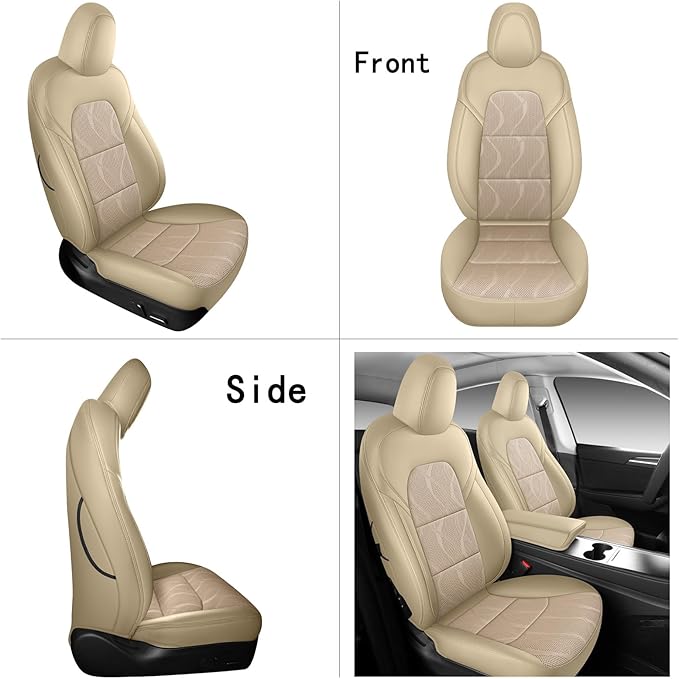 Tesla Model Y Seat Cover Full Set, Faux Leather Tesla Car Seat Cover, Perfect Suitable for Tesla Model Y 2020 2021 2022 2023 2024 2025 (Beige)
