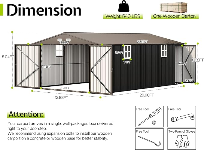 Jocisland 13.2x20.7x8.4 FT Heavy Duty Carport, Metal carport with 2 Lockable Doors & 4 Windows, Carport Canopy for for Car, Truck, Garbage Can, Tool, Lawnmower, Grey