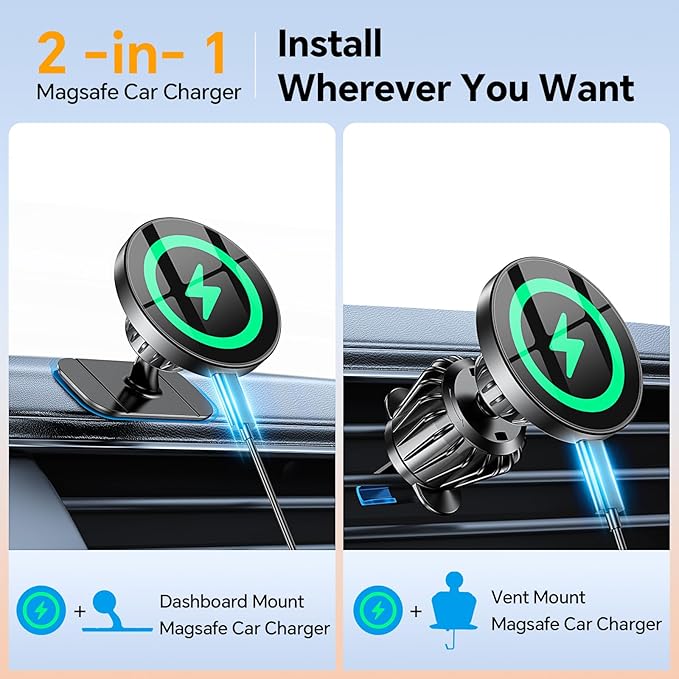 Kaistyle for MagSafe Car Mount Charger【Stronger Magnets】 iPhone Magnetic Wireless Car Charger【Dashboard+Vent】 for Magsafe Charger Cell Phone Car Mount for iPhone 16 Pro Max 15 14 13 12 MagSafe Cases