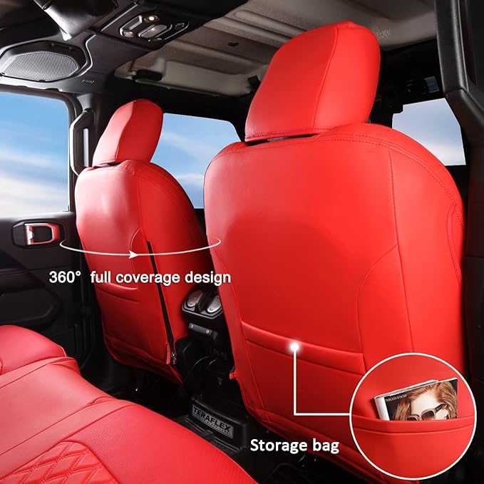 GIANT PANDA Customized Full Set Car Seat Covers for Jeep Wrangler 4 Door JL Sahara Sport Rubicon Unlimited Willys 2018 2019 2020 2021 2022 2023 2024 2025 Without Rear Cup Holder,Faux Leather - (Red)