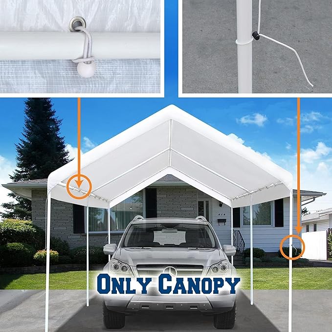 12'x20' Carport Replacement Canopy Cover for Car Garage Shelter Tent Party Tent Top Tarp with Ball Bungees (Only Top Cover, Frame is not Included)