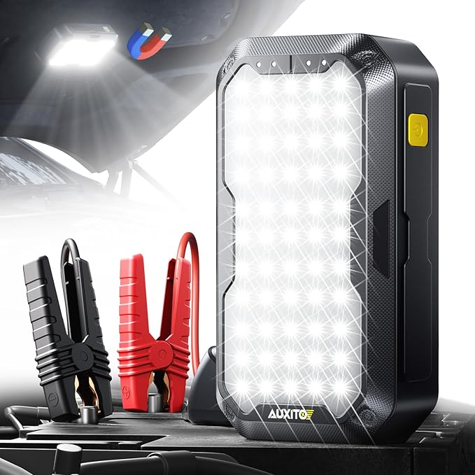 AUXITO Car Battery Jump Starter: 5000A Portable Jump Starter Up to 8.5L Gas and 8.0L Diesel Engines with 2000LM LED Work Panel Light, 12V Safe Jump Box with Camping Light, Power Bank and Jumper