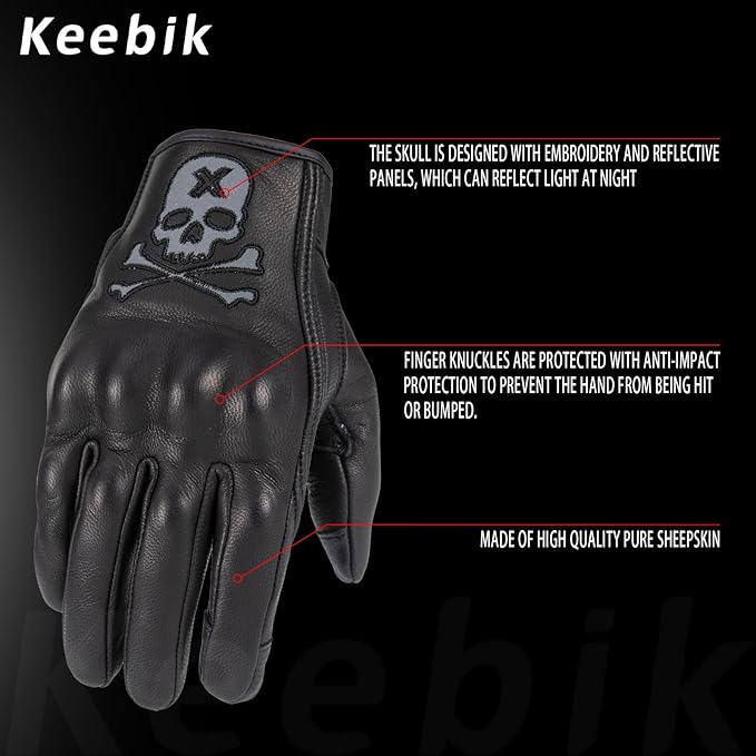 Goatskin Leather Motorcycle Motorbike Powersports Racing Gloves Reflective Skull Touchscreen for Men and Women Model