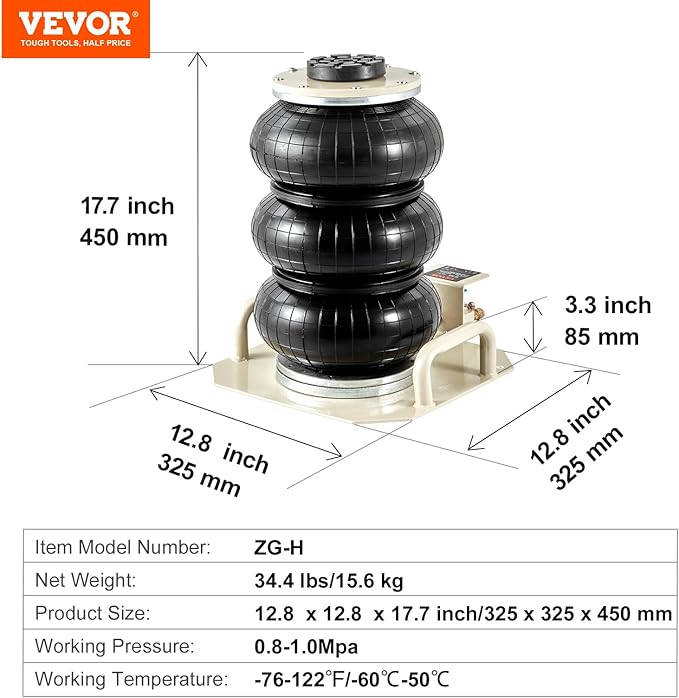VEVOR Air Jack, 3 Ton/6600 lbs Triple Bag Air Jack, Airbag Jack with Six Steel Pipes, Lift up to 17.7 inch/450 mm, 3-5 s Fast Lifting Pneumatic Jack, with Side Handles for Car, Garage, Repair (White)