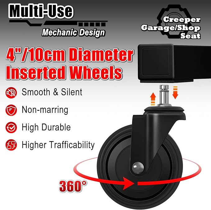 Mechanic Stool with Wheels, Hydraulic Adjustable Shop Stool on Wheels, Garage Work Rolling Chair for Workshop, 400 LBS Capacity, 4 Inch Casters, 360° Swivel Casters Roller Chair, Black