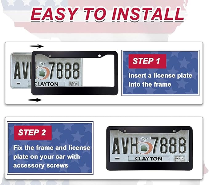 2Pack American Flag License Plate Frame - Rustproof Aluminum Patriotic Car Tag Holder Bracket Fits All Vehicles, US Flag License Plate Frame with Screws Included