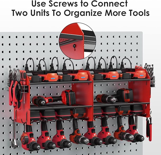 CCCEI Modular Power Tool Organizer Wall Mount Charging Station, Red 6 Drills Holder with 8 Plug Power Strip, Garage Drill Battery Heavy Duty Metal Shelf, Utility Rack with Hooks, Side Storage.