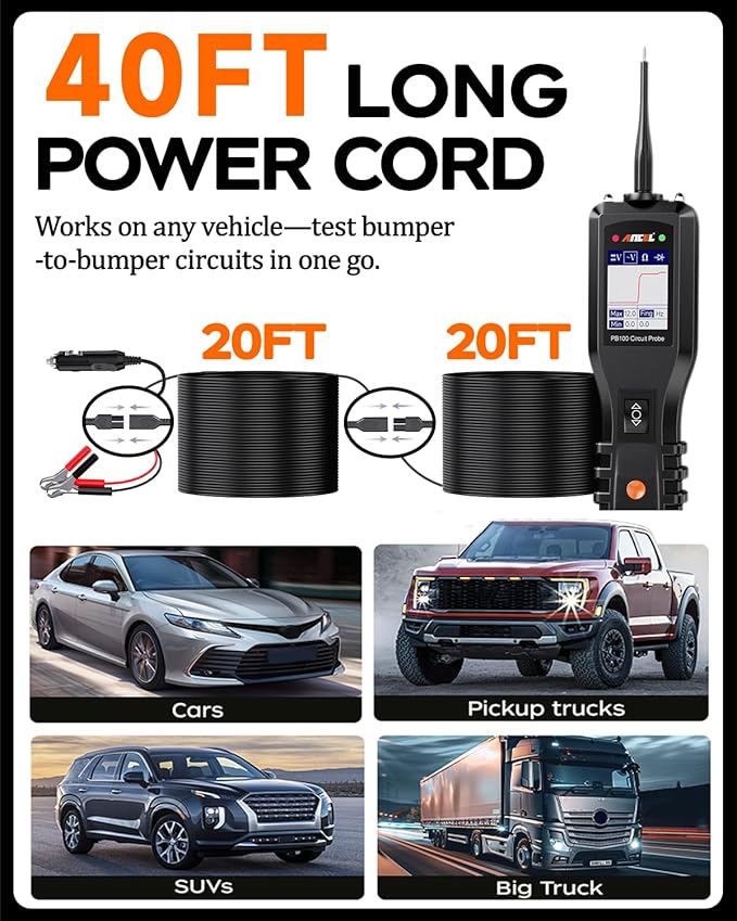 ANCEL PB100 Automotive Power Circuit Probe Tester, 12 24V Electrical Short/Open Breaker Finder, AC DC Diode Resistance Relay Tester, Continuity Test Digital Multimeter/Ohmmeters, 20 + 20FT Cable