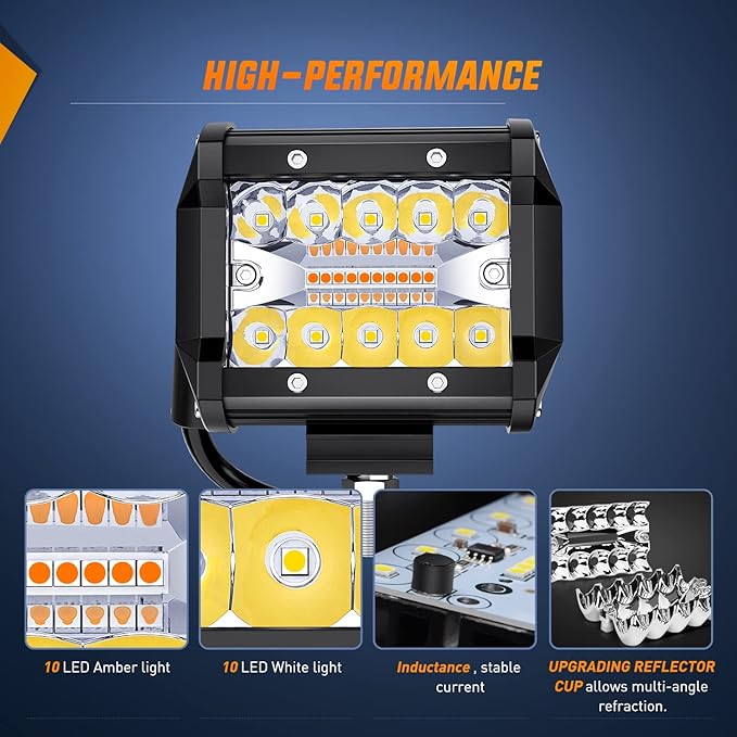 Nilight 2PCS 4Inch 60W LED Pods Spot Flood Amber White Light Bar Strobe 6 Modes Memory Function Off-Road Truck Car ATV SUV Cabin Boat with 16AWG Wiring Harness Kit-2 Lead, 2 Years Warranty