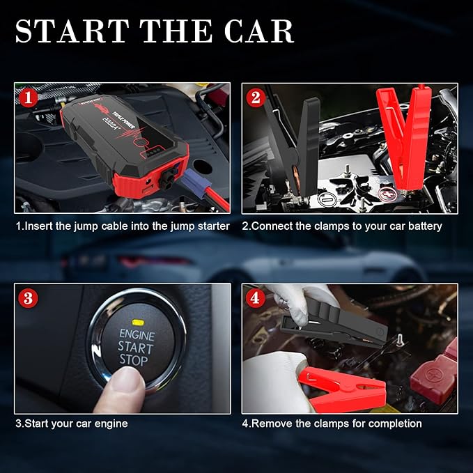 Car Jump Starter 2000A Peak (for up to 6.0L Gas or 4.0L Diesel Engine) 12V Car Battery Booster Pack, Portable Battery Starter, Power Bank Charger with Built-in LED Bright Light