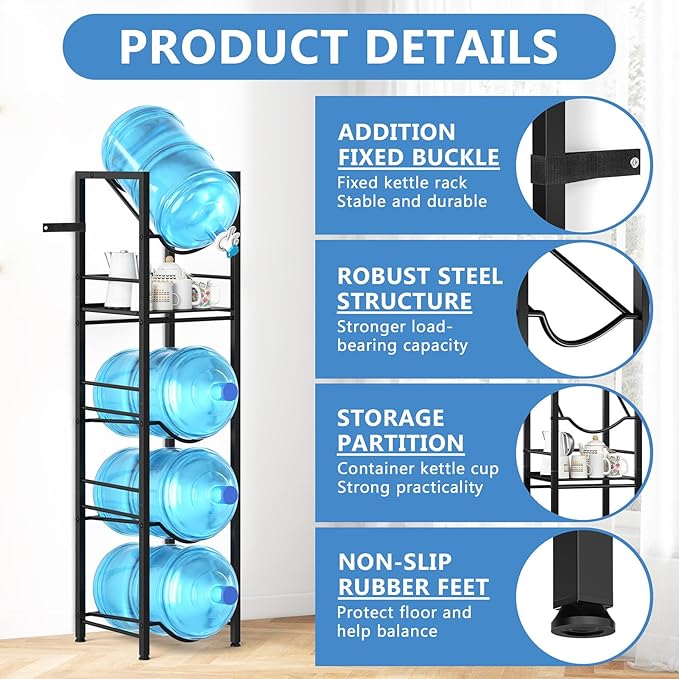 2-In-1 5 Gallon Water Jug Holder, 5 Tier Water Jug Stand Holder with 1 Dispenser Valves, 5 Gal Water Bottle Storage Rack Organizer for Kitchen, Office, Garage