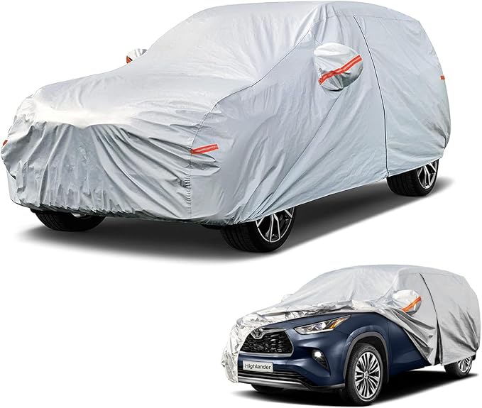 Kayme 6 Layers SUV Car Cover Custom Fit for Toyota Highlander (2007-2025) Waterproof All Weather for Automobiles, Outdoor Full Cover Rain Sun UV Protection.Silver