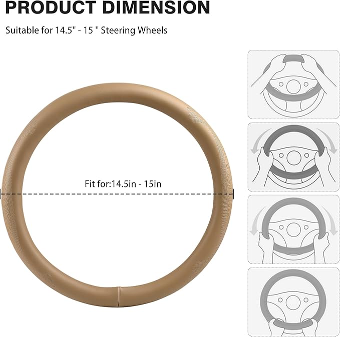 【2025 Model】 High-Grade Real Cowhide Steering Wheel Cover for Men Women，Beige Genuine Leather Steering Wheel Cover for Cars,Universal 14.5-15 inch Steering Wheels,Grid & Square Motif