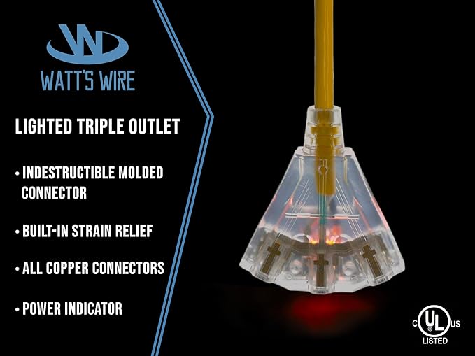 75 ft - 12 Gauge Heavy Duty Extension Cord - 3 Outlet Lighted SJTW - Indoor/Outdoor Extension_Cord by Watt's Wire - 75' 12-Gauge Grounded 15 Amp ExtensionCord