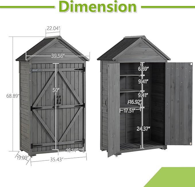 39.56"x 22.04"x 68.89" Outdoor Storage Cabinet with Removable Shelves, Waterproof Roof, and Adjustable Feet - Fir Wood Garden Tool Shed for Yard, Patio, Deck, and Garage,Grey