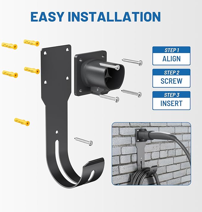 MECMO for Tesla Charger Holder - Wall Mount Dock & J-Hook for Model 3/Y/X/S, Heavy Duty Steel EV Charging Cord Hanger Compatible with NACS Connector