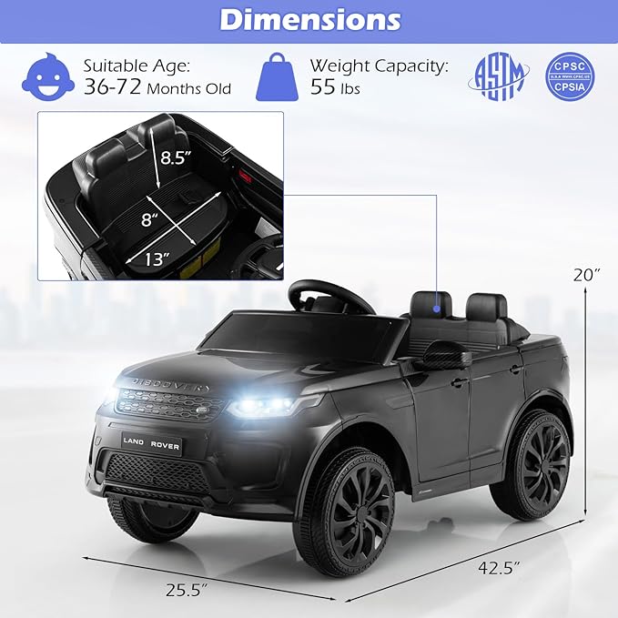 Costzon 12V Kids Ride On Car, Licensed Land Rover Electric Vehicle w/Remote Control, Lockable Doors, Slow Start System, LED Lights & Speed Switch Sound, Music & Horn, MP3 & USB (Black)