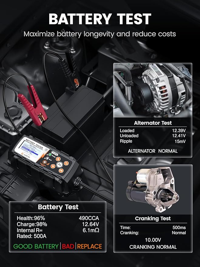 ANCEL BT521 3-in-1 Car Battery Charger, Tester and Maintainer for 12V Lead-Acid Batteries, 5A Smart Trickle Charger and Desulfator with Overcharge Protection & Temperature Compensation, LCD Display