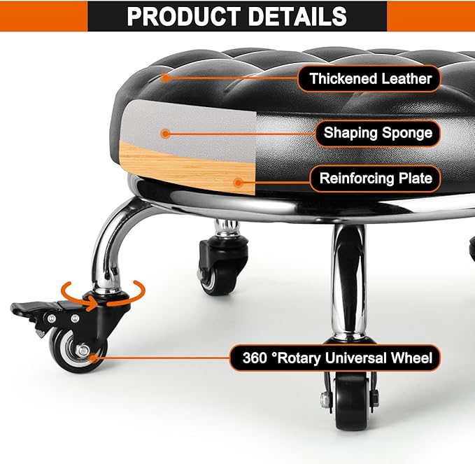 Low Rolling Stool, Low Stool with Wheels, PU Leather Low Roller Seat Stool Chair, Rolling Seat Stool for Home Office Garage Shop (Style 1)