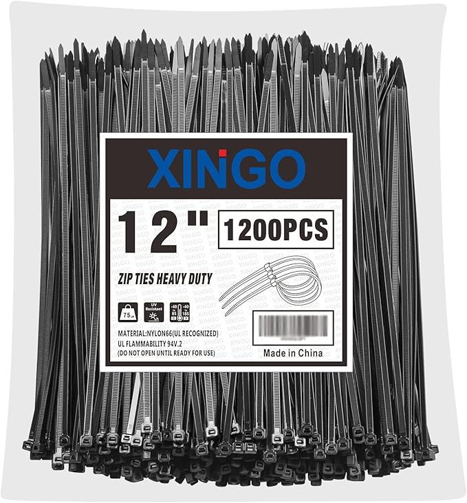 XINGO 12 Inch Black Zip Ties 1200 PCS, 75 LBS Tensile Strength, UV Resistant Cable Ties, Premium Self-locking Plastic Ties for Indoor and Outdoor Use