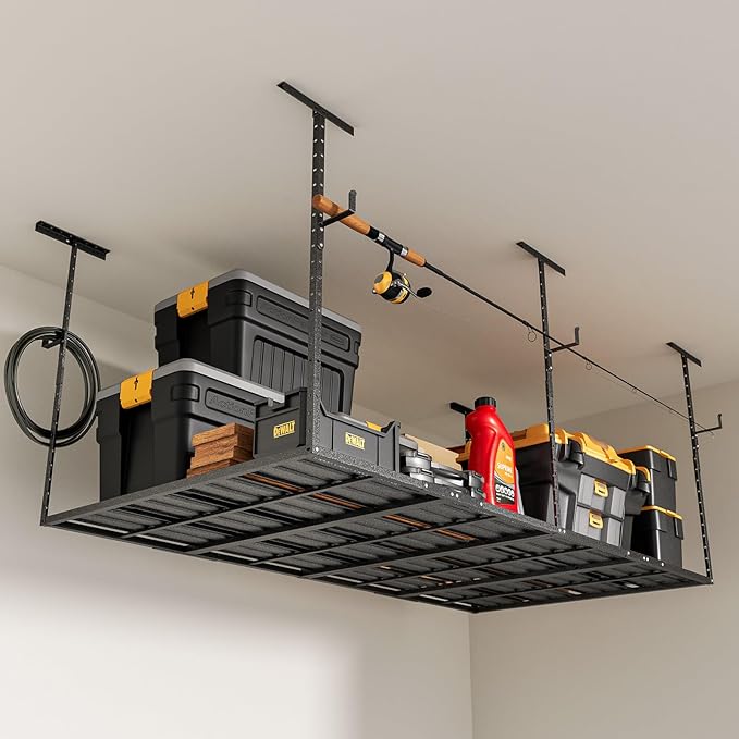 Heavy-Duty 4x8 Overhead Garage Storage Rack – Holds 20% More Weight, 800lbs Capacity, Adjustable Height, 4 Hooks Included for Extra Storage