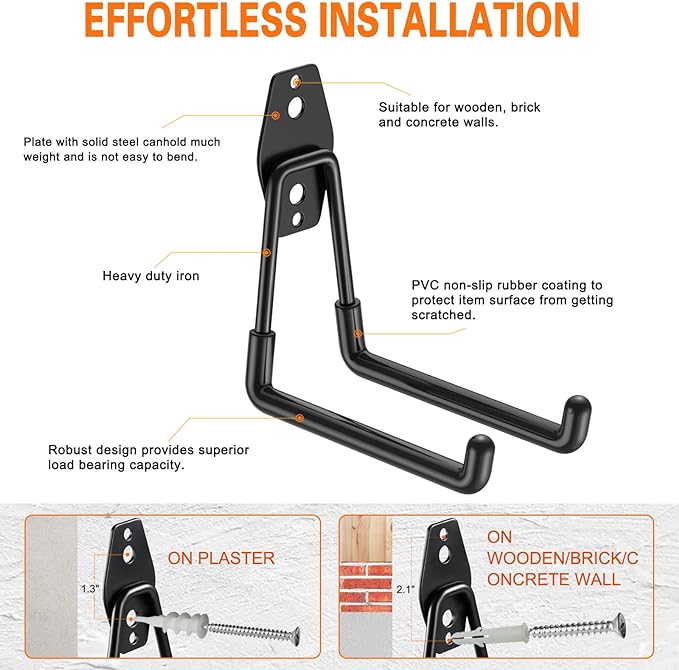 Heavy Duty Garage Hooks 4 Pack, 5.1 inch Medium U Shaped Hanger, Wall Mounted Storage System, Power and Garden Tool Organizer, for Hanging Ladders, Hose, Bulk Items and More
