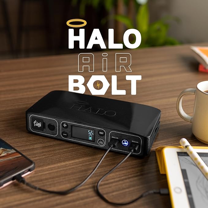 HALO Bolt Air 58830 Portable Car Battery Jump Starter | 100 PSI Air Compressor, 58.8Wh USB Power Bank, Emergency Floodlight & Charger, Jumps Cars SUVs & Trucks, Inflates Tires, TSA Approved — Gray