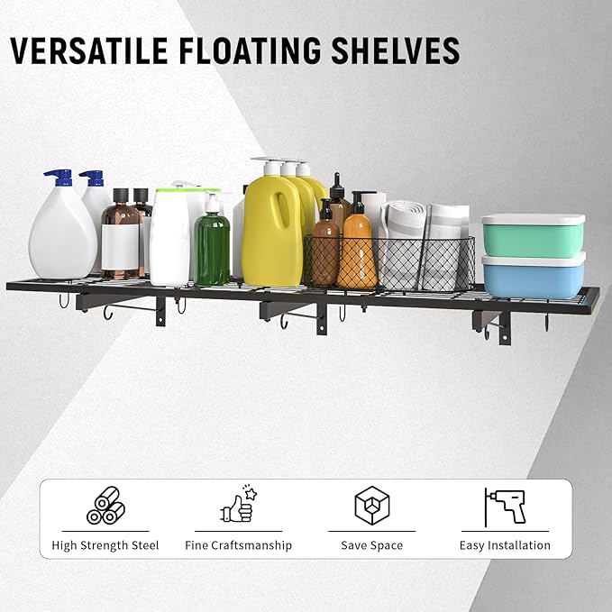 Garage Wall Shelves, 46"X12.5", 1 Shelf, Modern Style, Heavy Duty, Black, 160 LBS Capacity, Garage Storage & Organization System