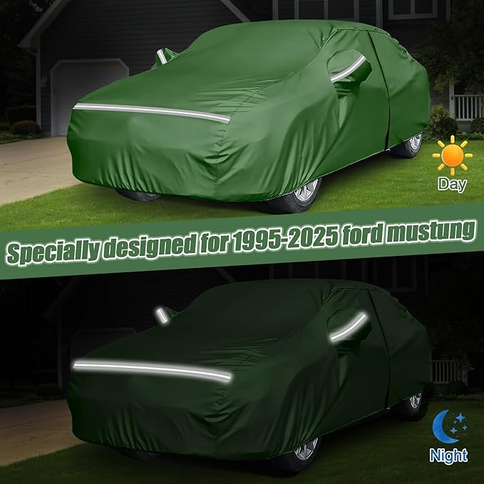 BOSSTONE Car Cover Custom Fit for Ford Mustang 1994-2025, Waterproof All Weather for Automobiles Full Exterior Cover Rain Sun Snow Protector with Door Zipper (Green)