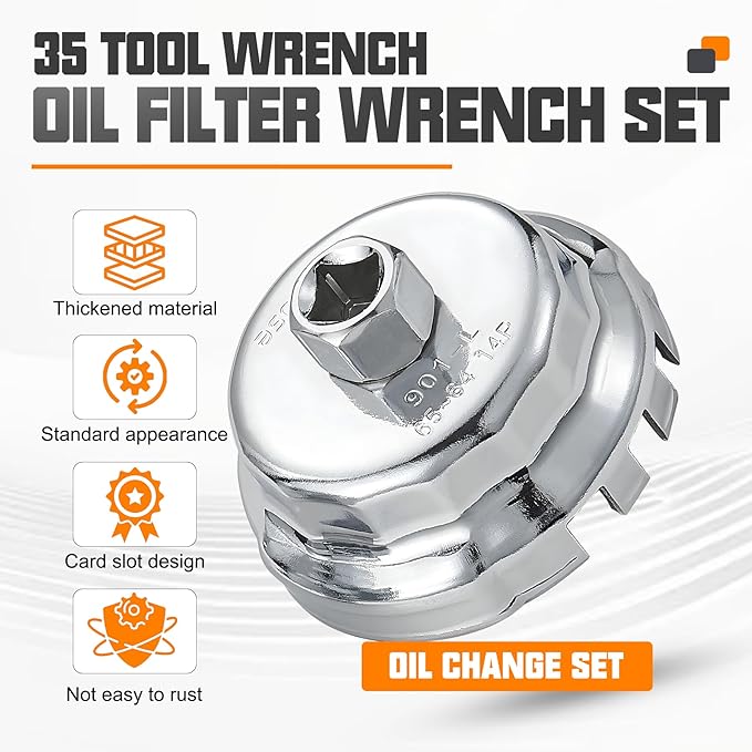 Auto Oil Filter Socket Wrench Set, Cup Type 1/2 inch Drive Cap Removal Tool, with Drain Plug Socket Set/Adjustable/Drive, Compatible, all Models Car, SUV, Oil Filter (35, RED)