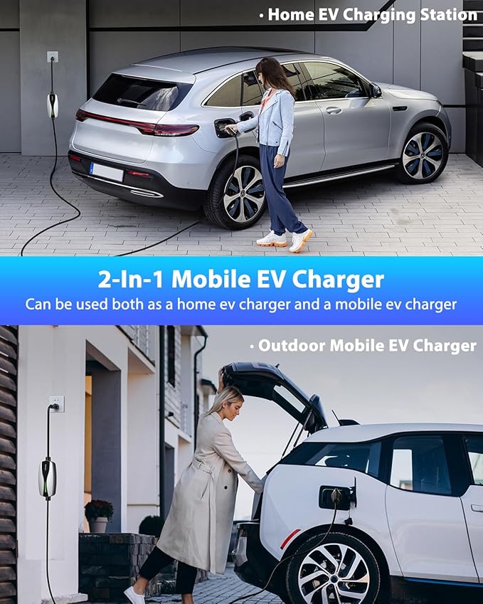 Level 1/2 EV Charger, 16Amp Electric Car Charger 25FT Cable with NEMA 6-20 Plug and NEMA 5-15 Adapter, Home Mobile EV Charging Station for J1772 BEVs/PHEVs 110V-240V(Silver)