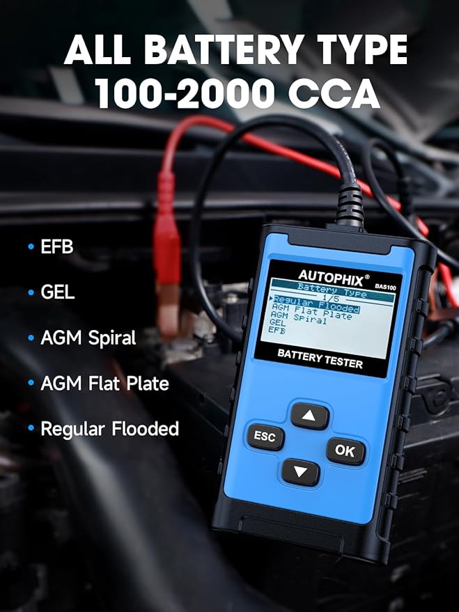 AUTOPHIX BAS100 Car Battery Tester, 12V 24V Load Tester, 100-2000 CCA Digital Automotive Alternator Tester, Auto Battery Analyzer Charging Cranking System Tester for Car Truck Motorcycle Boat and More