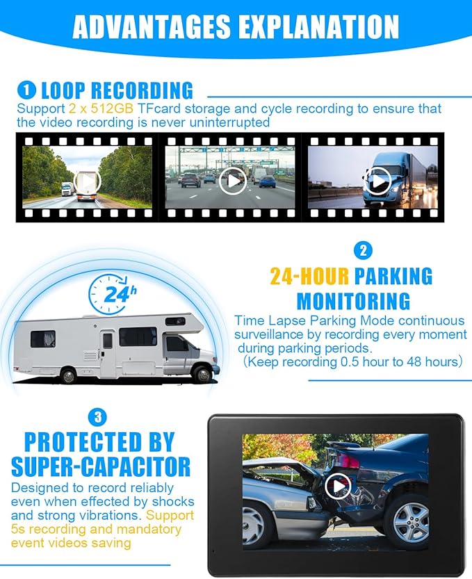RV Backup Camera System AI WiFi GPS 7 inch Touch Screen Monitor Vehicle Recording with 4 Pieces 1080P Rear Side View Waterproof Camera Live View on APP/Web/PC for Camper RV Truck Trailer Tractor Fleet