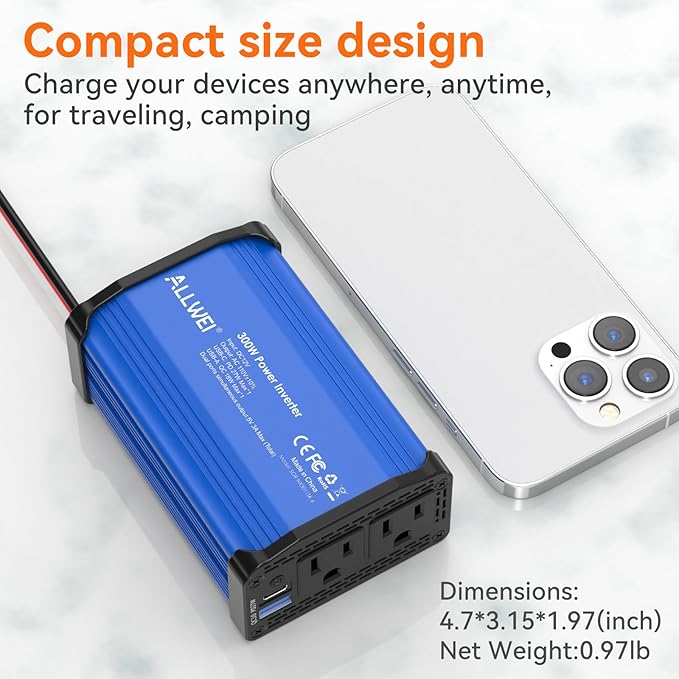300W Car Power Inverter 12v to 110v, Car Plug in Adapter Outlet with PD 27w USB-C and Fast Charger 18w USB-A, Car Outlet Adapter, Car Converter to Outlet Plug, Power Inverters for Vehicles (Blue)
