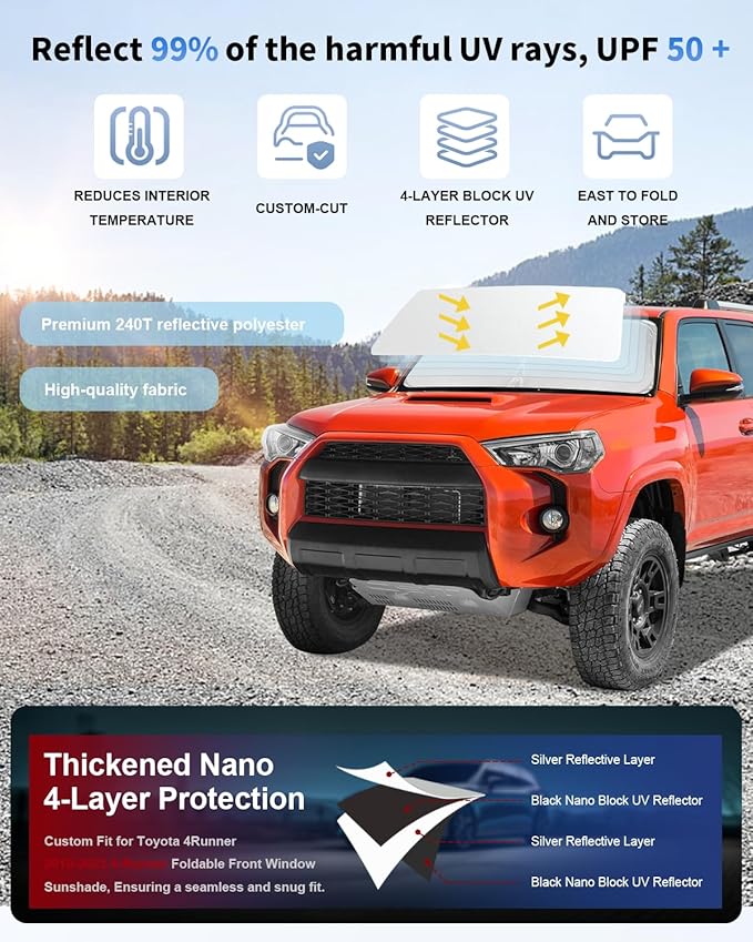 for Toyota 4Runner Windshield Sun Shade Sunshade for 2010-2025 4Runner Windshield Cover Custom-fit Toyota 4-Runner Car Front Window Shade Sun Visor Protector Shield Accessories Foldable Blocks UV Rays