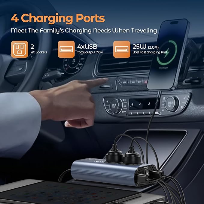 300W Car Power Inverter, DC 12V to 110V AC Car Plug Adapter Outlet with USB-Fast Charger(25W)、 USB-A（20W） and Dual AC Outlet, QC3.0, 4 USB Ports, Car Charger for Laptop、Phone, etc