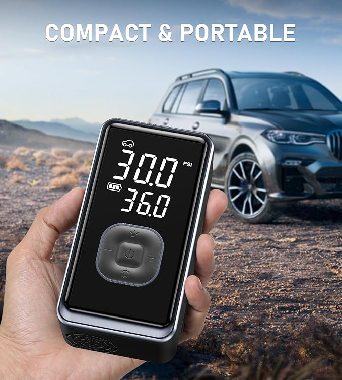 Tire Inflator Portable Air Compressor, 150PSI Cordless Mini Air Pump with Digital Pressure, Bike Pump, 3X Fast Inflation Tire Inflator for Car, Motorcycle, Bike, Ball-LED Light and Auto Shut-Off