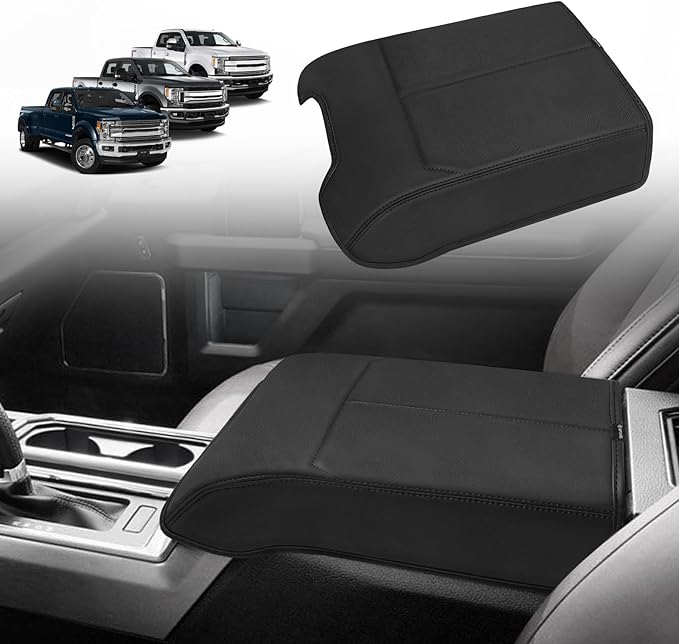Muslogy Center Console Armrest Cover Compatible with Ford F250 F350 F450 2017-2022 Super Duty Comfort Armrest Pad Arm Rest Cushion Vegan Leather Protector Regular Thick(Bucket Seat ONLY)