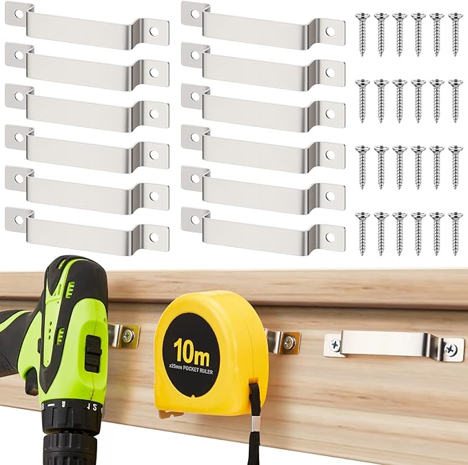 12 Pcs Tape Measure Clip Tape Measure Holder Bench Belt Universal Tool with Screws Stainless Steel Tool Hanger Storage Dock for Mount Drill Power Measures and Belt Clips (Silver)
