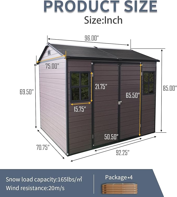 8x6 FT Outdoor Storage Shed with Floor,Waterproof Resin Plastic Bike Shed with Vents & Windows, Lockable Door, Garden Tool Shed Easy to Assembly for Lawn, Backyard, Patio, Brown